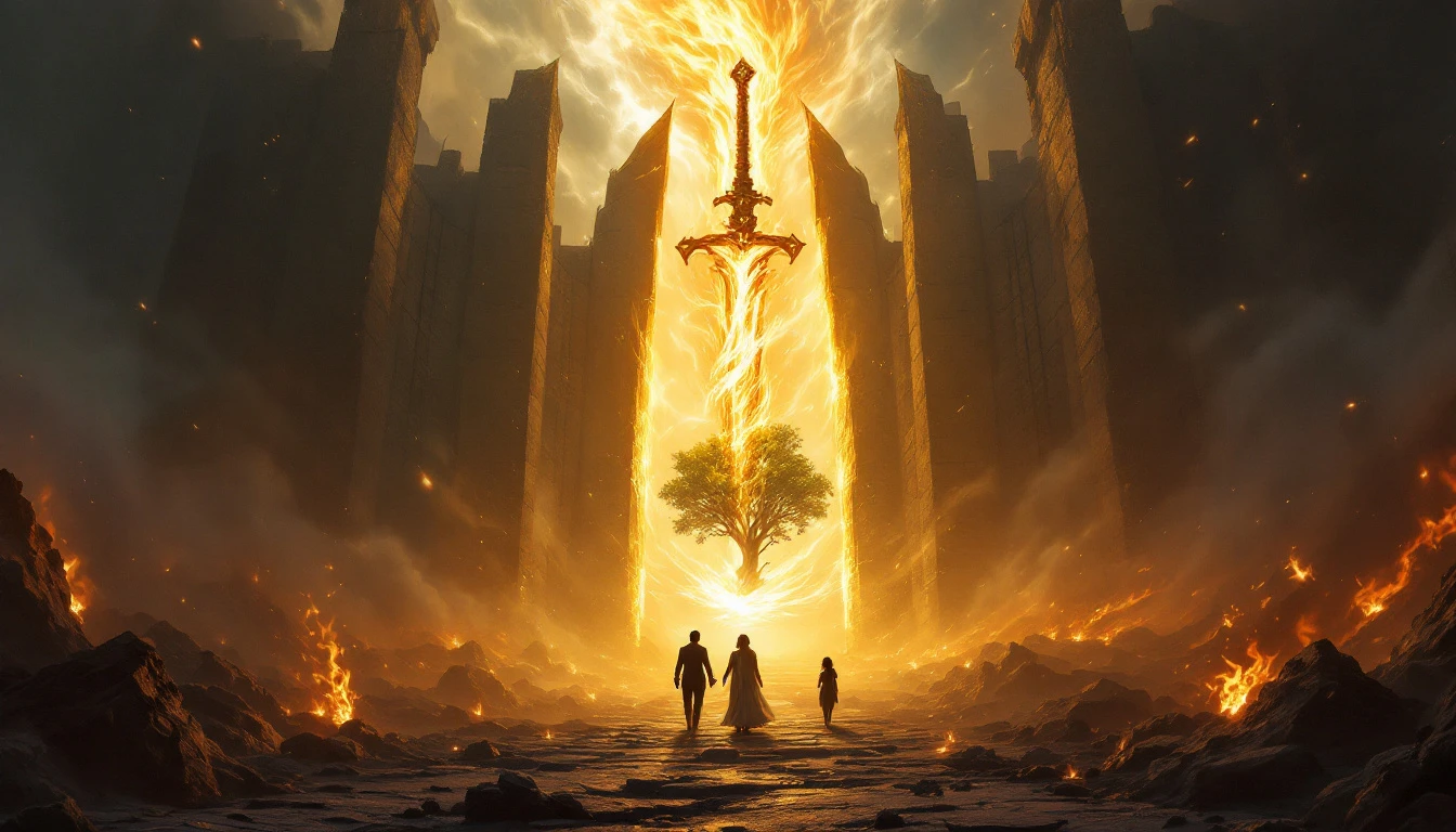 Adam and Eve leave Eden as the flaming sword guards the tree of life