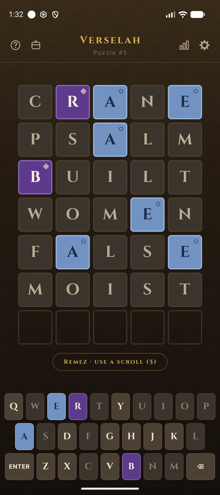 Verselah — the board mid-walk, dye-ladder tiles and the Remez pill